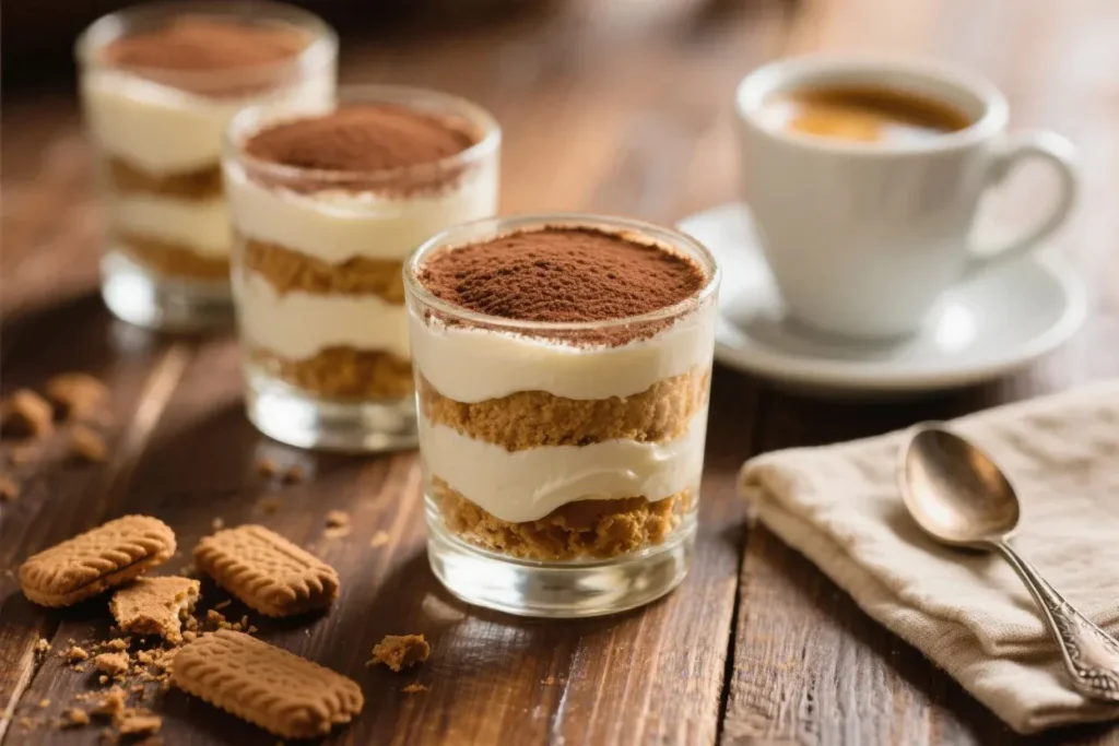 Recette Tiramisu Kinder Bueno en verrines 8 Tiramisu Kinder Bueno en verrines ultra-gourmand, composé de couches alternées de crème mascarpone onctueuse, de biscuits imbibés dans un mélange chocolaté, et de morceaux croquants de Kinder Bueno. Servi dans des verrines élégantes, décoré de cacao tamisé et d'éclats de noisettes pour un contraste irrésistible entre le crémeux et le croquant. Arrière-plan épuré avec une lumière naturelle douce pour un effet visuel moderne et appétissant.