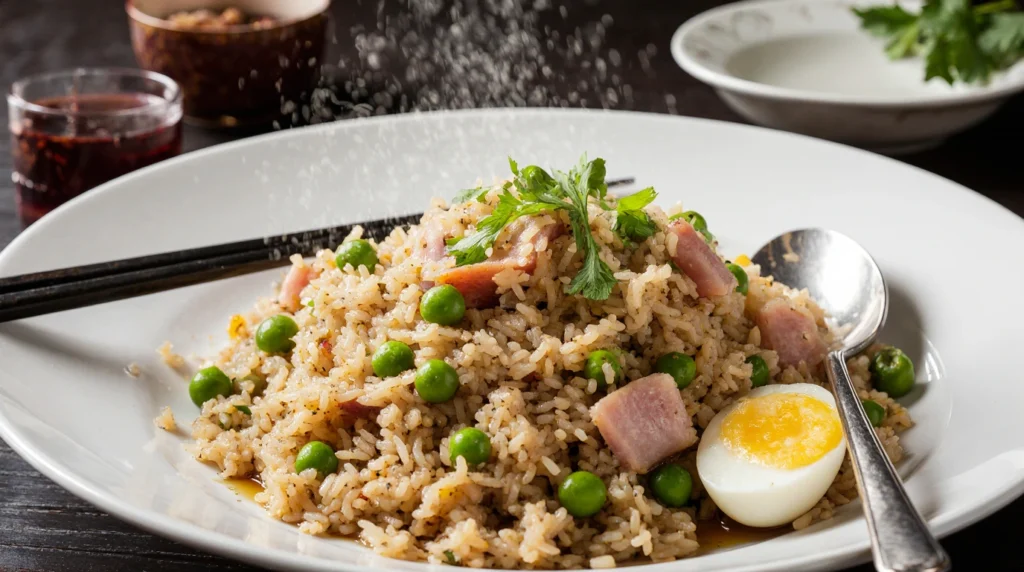 Riz cantonais : recette facile, rapide 8 Un plat appétissant de riz cantonais, composé de grains de riz blanc parfaitement séparés, mélangés avec des petits pois verts vifs, des morceaux de jambon rose tendre, et des œufs brouillés crémeux. Garni de cébettes ciselées fraîches et accompagné d’une sauce soja légèrement versée sur le dessus. Servi chaud dans une assiette blanche ou un bol traditionnel, ce plat est décoré pour un contraste visuel saisissant entre les couleurs et textures.