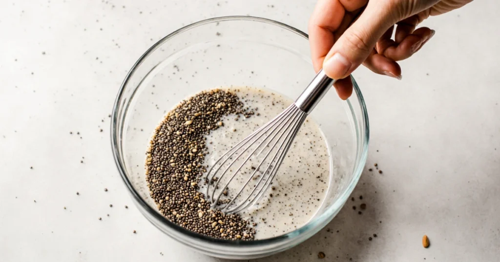 pudding chia au citron 3 Pudding au chia au citron crémeux dans un verre transparent, garni de zestes de citron et de feuilles de menthe fraîche, posé sur une table en bois clair avec quelques graines de chia éparpillées autour.