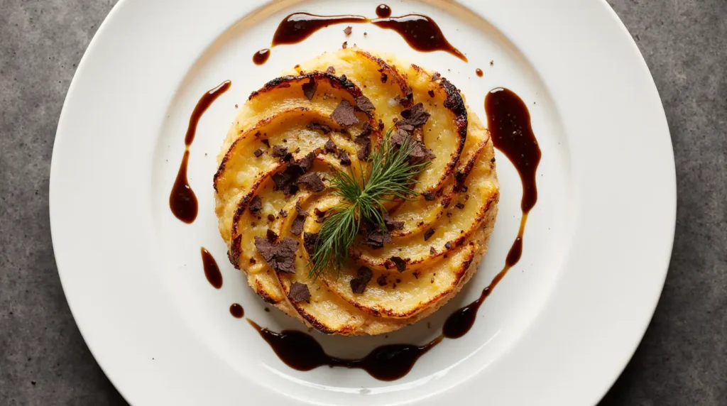 Tatin de fenouil confit et sauce chocolat 5 Une tarte Tatin gourmande à base de fenouil confit, présentée dans un moule rond ou des portions individuelles. Les tranches de fenouil caramélisées sont disposées en spirale sur une couche de sucre caramélisé, recouvertes d'une pâte brisée dorée. La tarte est accompagnée d'une sauce au chocolat noir fondu, luisante et onctueuse, drizzlée artistiquement sur le dessus. Garnie de copeaux de chocolat et de zestes d'orange frais, cette création culinaire allie élégance et saveurs audacieuses. Servie tiède, elle évoque une texture fondante et croustillante, idéale pour surprendre vos invités.
