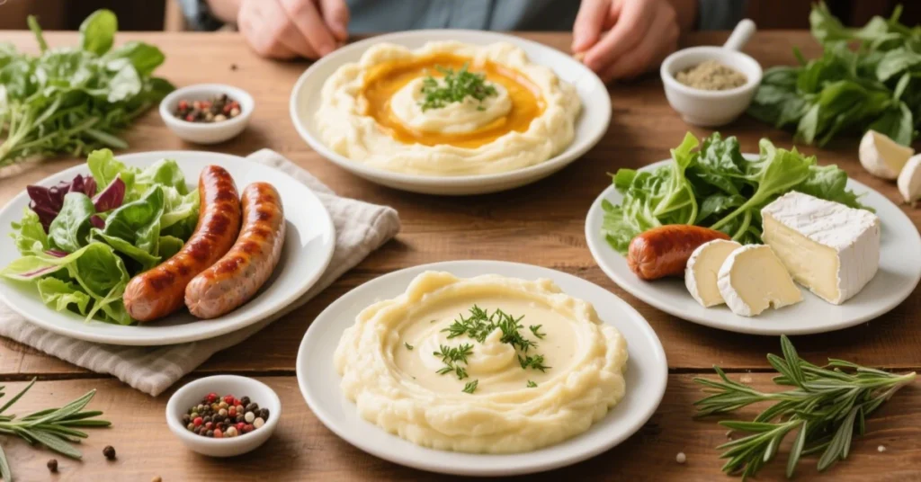 Aligot traditionnel de l'Aubrac maison 4 Aligot à l’ancienne, purée filante de pommes de terre et tomme fraîche de l’Aubrac, plat traditionnel gourmand servi chaud avec saucisse et salad