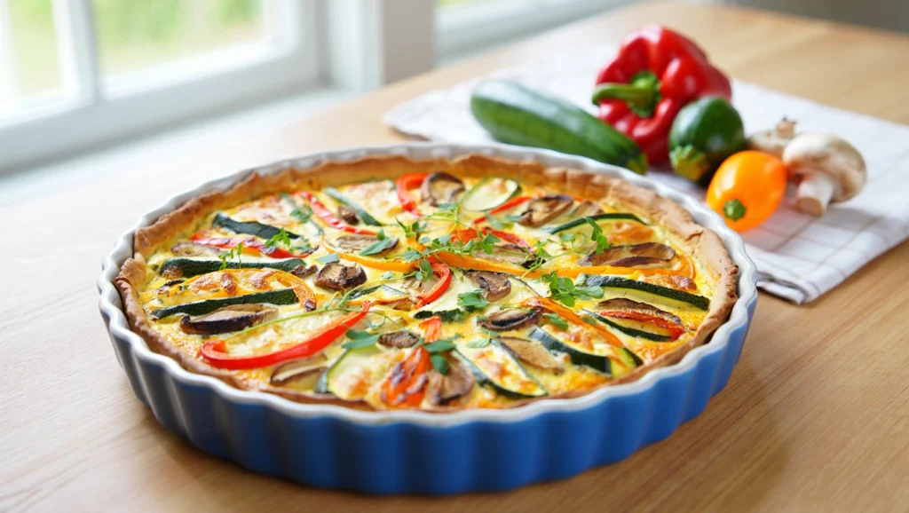 Quiche sans pâte 5 Quiche sans pâte dorée et appétissante, servie dans un plat à tarte rond. Garnie de lardons de dinde, de fromage fondu et parsemée de persil frais. Accompagnée d’une salade verte légère sur un côté. Arrière-plan rustique avec nappe en lin et lumière naturelle douce.
