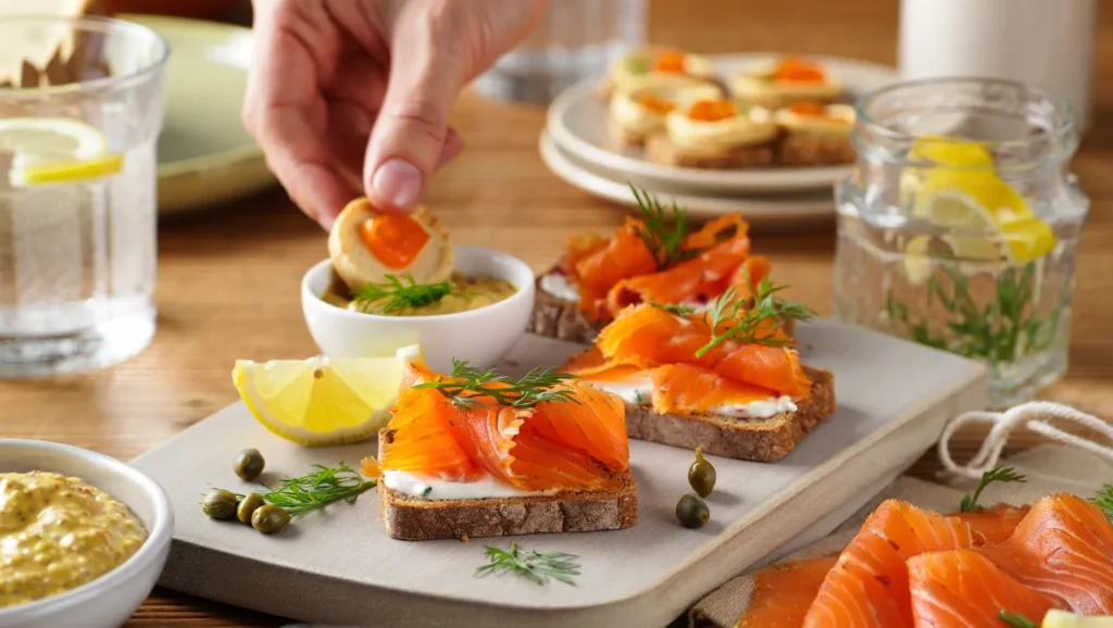 Saumon gravlax : recette facile 4 Un filet de saumon gravlax mariné, présenté sur un plat en bois rustique ou une assiette blanche. Les tranches fines de saumon sont recouvertes d’un mélange de sel, sucre et aneth frais, avec des zestes de citron pour une touche acidulée. En arrière-plan, des ingrédients comme des baies de genièvre, du poivre moulu et des brins d’aneth ajoutent une ambiance naturelle et invitante. La lumière douce met en valeur la texture soyeuse et les couleurs vibrantes du saumon.