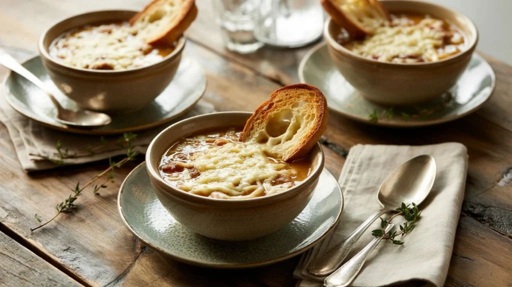Soupe à l’oignon rapide et facile, préparée au Cookeo ou Thermomix, gratinée au four pour un résultat croustillant et fondant