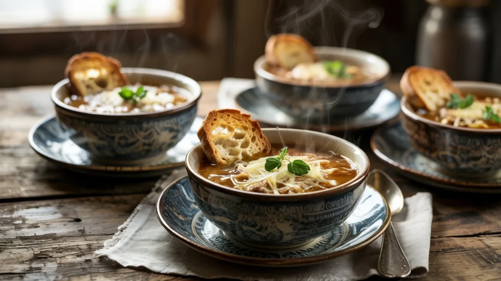 Soupe à l’oignon rapide et facile, préparée au Cookeo ou Thermomix, gratinée au four pour un résultat croustillant et fondant