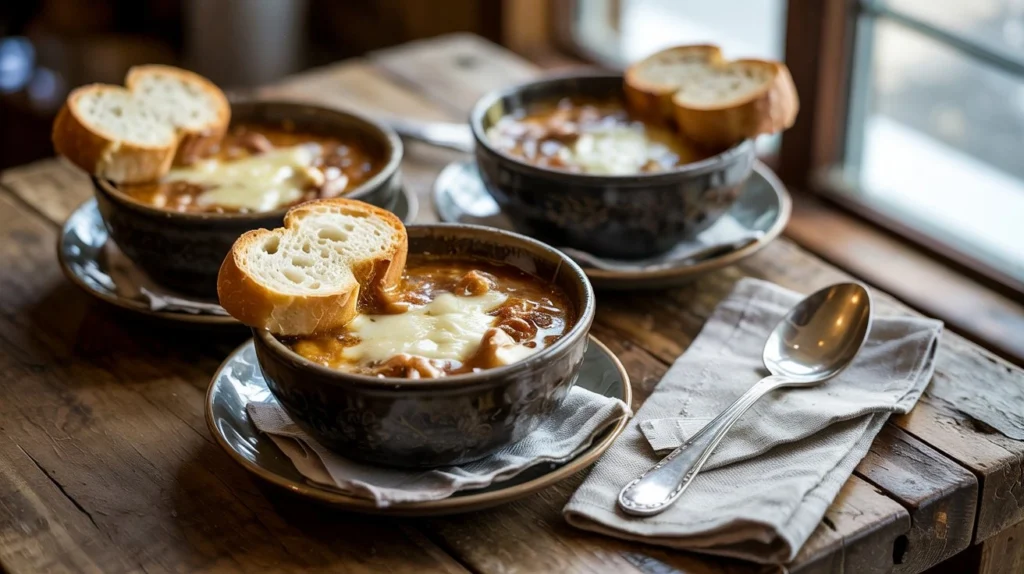 Soupe à l’oignon rapide et facile, préparée au Cookeo ou Thermomix, gratinée au four pour un résultat croustillant et fondant