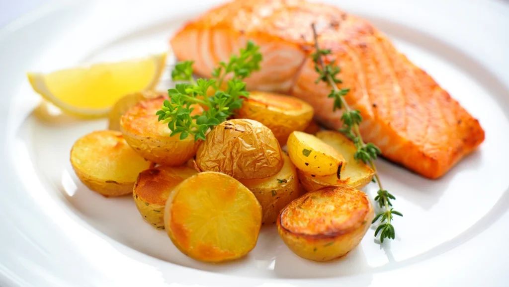 Pommes de Terre au Four et leurs Herbes de Provence 8 pomme de terreau four dorées et croustillantes, servies dans une assiette blanche avec une texture fondante à l’intérieur. Les pommes de terre sont parsemées d’herbes de Provence fraîches et accompagnées d’une cuillerée de crème fraîche épaisse sur le dessus. En arrière-plan, une planche en bois avec des ingrédients comme du romarin, de l’huile d’olive et du gros sel ajoute une touche rustique et invitante