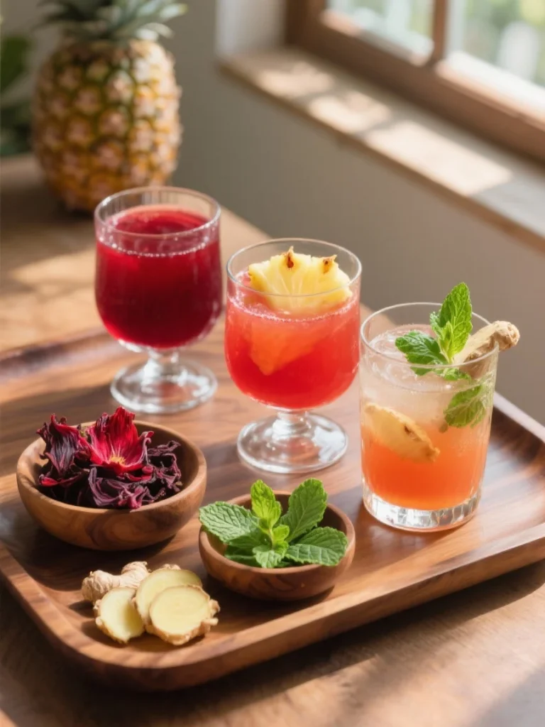 Jus de Bissap (Hibiscus) 3 jus de bissap frais et vibrant, d’un rouge profond, servi avec des glaçons et décoré d’une rondelle de citron vert ou de quelques feuilles de menthe fraîche. La boisson est présentée dans une carafe en verre transparente ou directement dans un verre haut, avec une légère condensation qui évoque sa fraîcheur. En arrière-plan, des fleurs d’hibiscus séchées, des citrons verts coupés, et un bouquet de menthe ajoutent une touche naturelle et invitante.