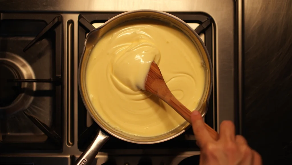Crème Anglaise Recette : Le Guide Complet 3 Recette crème anglaise maison : texture onctueuse, couleur dorée, servie dans une cruche en verre avec gousse de vanille et cuillère en bois, fond flou de cuisine chaleureuse