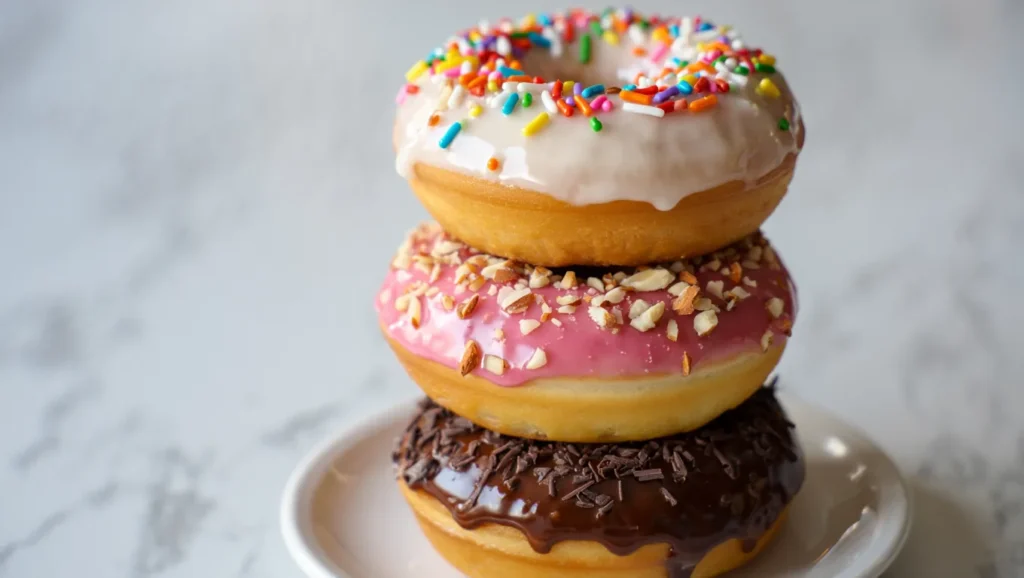 Donuts au Four Moelleux et Dorés : Recette Facile & Gourmande 9 recette donuts moelleux et dorés cuits au four, décorés de glaçage coloré et parsemés de sprinkles. Servis sur une assiette blanche ou un plateau en bois, avec des touches créatives comme des copeaux de chocolat ou de la noix de coco râpée. Une texture légère et appétissante mise en valeur par une lumière douce.