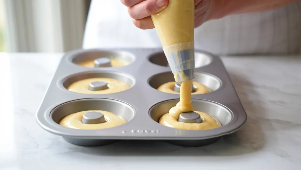 Donuts au Four Moelleux et Dorés : Recette Facile & Gourmande 6 recette donuts moelleux et dorés cuits au four, décorés de glaçage coloré et parsemés de sprinkles. Servis sur une assiette blanche ou un plateau en bois, avec des touches créatives comme des copeaux de chocolat ou de la noix de coco râpée. Une texture légère et appétissante mise en valeur par une lumière douce.