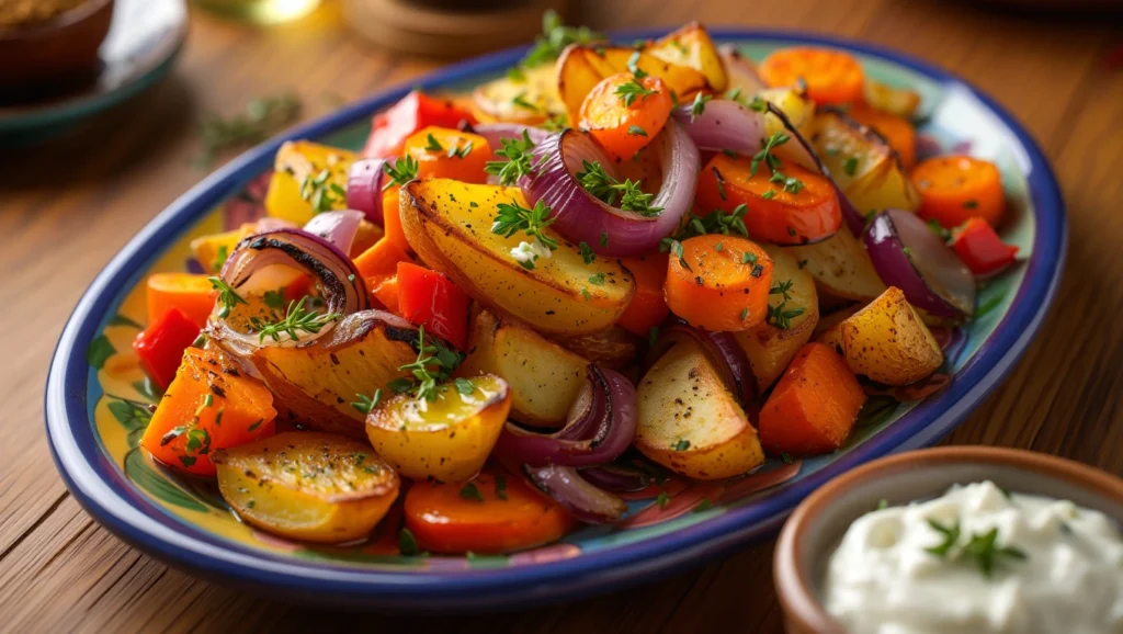 Pommes de Terre au Four et leurs Herbes de Provence 6 pomme de terreau four dorées et croustillantes, servies dans une assiette blanche avec une texture fondante à l’intérieur. Les pommes de terre sont parsemées d’herbes de Provence fraîches et accompagnées d’une cuillerée de crème fraîche épaisse sur le dessus. En arrière-plan, une planche en bois avec des ingrédients comme du romarin, de l’huile d’olive et du gros sel ajoute une touche rustique et invitante