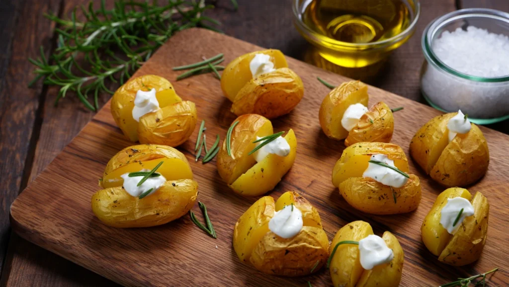 Pommes de Terre au Four et leurs Herbes de Provence 5 pomme de terreau four dorées et croustillantes, servies dans une assiette blanche avec une texture fondante à l’intérieur. Les pommes de terre sont parsemées d’herbes de Provence fraîches et accompagnées d’une cuillerée de crème fraîche épaisse sur le dessus. En arrière-plan, une planche en bois avec des ingrédients comme du romarin, de l’huile d’olive et du gros sel ajoute une touche rustique et invitante