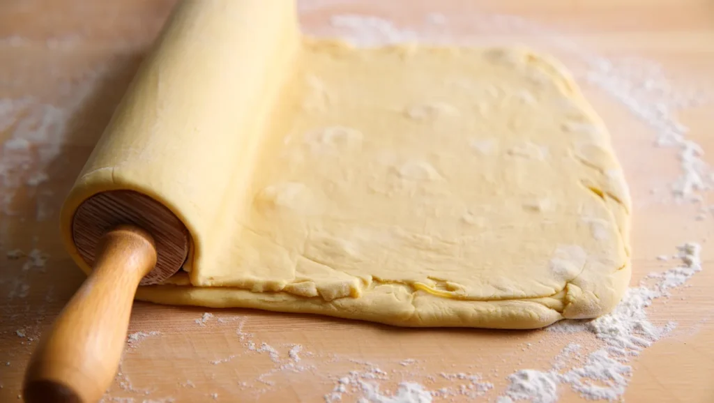 Pâte Feuilletée Rapide et Facile 4 Une pâte feuilletée rapide dorée et croustillante, sortie du four, avec des couches parfaitement feuilletées visibles sur les bords. Servie en rectangle ou en cercle, elle est décorée de légumes frais, de sucre glace pour une version sucrée, ou simplement présentée nue pour mettre en avant sa texture légère et aérée. Un plan de travail propre avec des ingrédients comme de la farine, du beurre froid et un rouleau à pâtisserie est visible en arrière-plan, ajoutant une ambiance rustique et invitante.