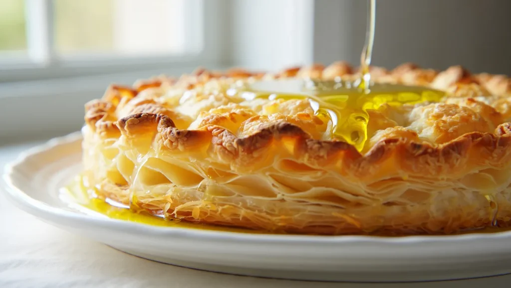 Pâte Feuilletée Rapide et Facile 7 Une pâte feuilletée rapide dorée et croustillante, sortie du four, avec des couches parfaitement feuilletées visibles sur les bords. Servie en rectangle ou en cercle, elle est décorée de légumes frais, de sucre glace pour une version sucrée, ou simplement présentée nue pour mettre en avant sa texture légère et aérée. Un plan de travail propre avec des ingrédients comme de la farine, du beurre froid et un rouleau à pâtisserie est visible en arrière-plan, ajoutant une ambiance rustique et invitante.