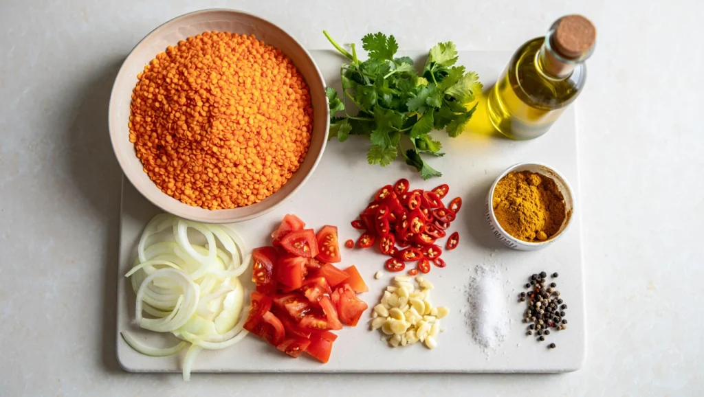 Lentilles Corail au Curry : Recette Facile et Savoureuse en 25 Minutes 2 Un bol en céramique rempli de lentilles corail au curry, d’un orange vif et appétissant, parsemé de coriandre fraîche et accompagné de quartiers de citron. Les lentilles sont légèrement brillantes grâce à une touche d’huile d’olive, avec des morceaux de légumes ou d’épices visibles pour ajouter du contraste. En arrière-plan, un plateau en bois avec des naans ou du riz basmati, idéal pour accompagner ce plat réconfortant.