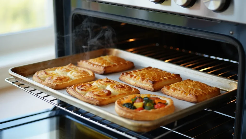 Pâte Feuilletée Rapide et Facile 6 Une pâte feuilletée rapide dorée et croustillante, sortie du four, avec des couches parfaitement feuilletées visibles sur les bords. Servie en rectangle ou en cercle, elle est décorée de légumes frais, de sucre glace pour une version sucrée, ou simplement présentée nue pour mettre en avant sa texture légère et aérée. Un plan de travail propre avec des ingrédients comme de la farine, du beurre froid et un rouleau à pâtisserie est visible en arrière-plan, ajoutant une ambiance rustique et invitante.