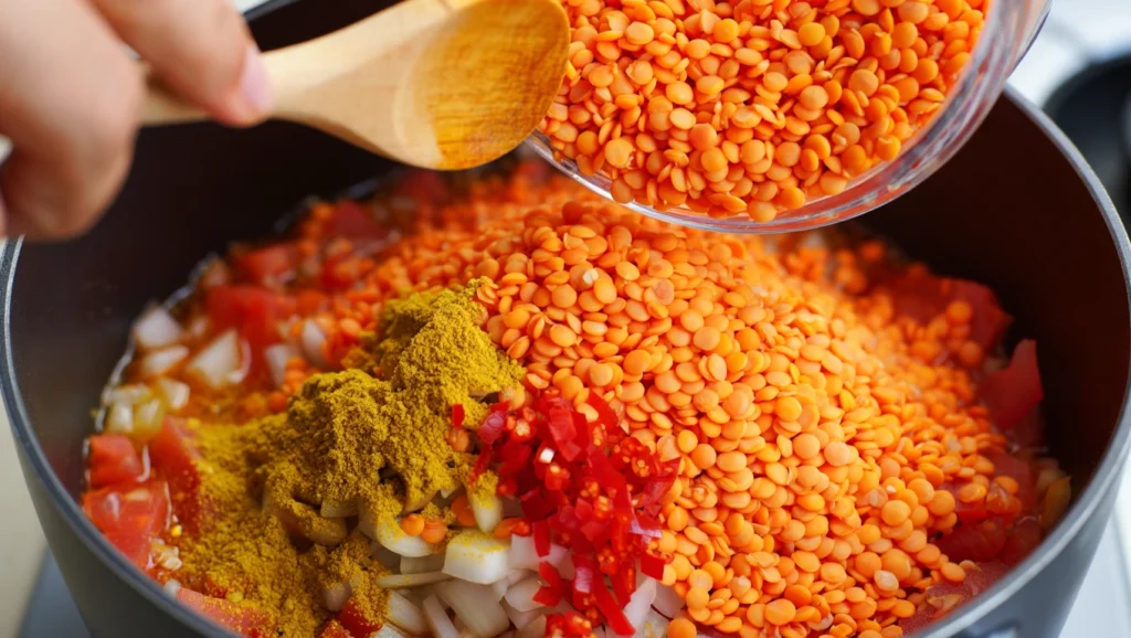 Lentilles Corail au Curry : Recette Facile et Savoureuse en 25 Minutes 4 Un bol en céramique rempli de lentilles corail au curry, d’un orange vif et appétissant, parsemé de coriandre fraîche et accompagné de quartiers de citron. Les lentilles sont légèrement brillantes grâce à une touche d’huile d’olive, avec des morceaux de légumes ou d’épices visibles pour ajouter du contraste. En arrière-plan, un plateau en bois avec des naans ou du riz basmati, idéal pour accompagner ce plat réconfortant.