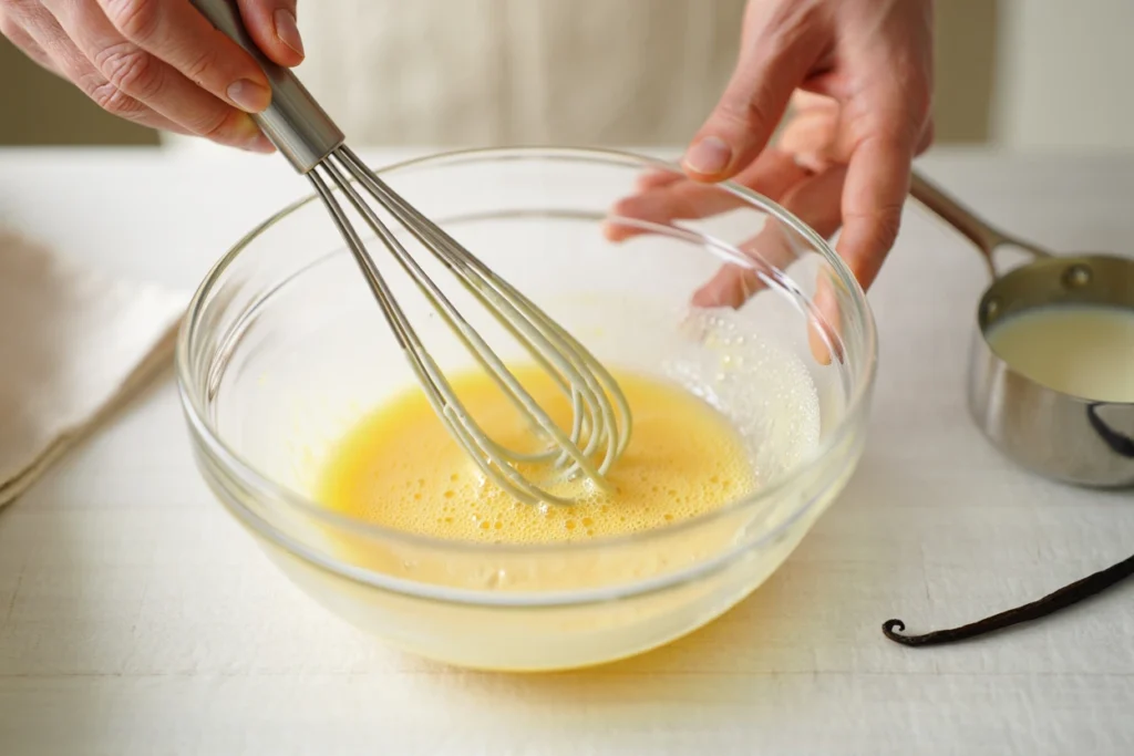 Crème Anglaise Recette : Le Guide Complet 2 Recette crème anglaise maison : texture onctueuse, couleur dorée, servie dans une cruche en verre avec gousse de vanille et cuillère en bois, fond flou de cuisine chaleureuse