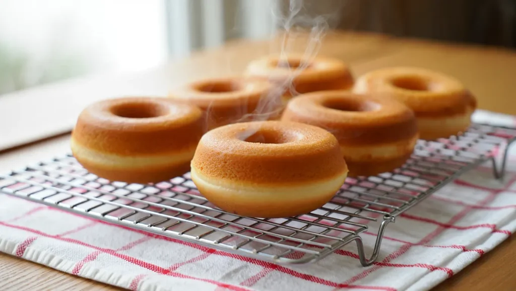 Donuts au Four Moelleux et Dorés : Recette Facile & Gourmande 7 recette donuts moelleux et dorés cuits au four, décorés de glaçage coloré et parsemés de sprinkles. Servis sur une assiette blanche ou un plateau en bois, avec des touches créatives comme des copeaux de chocolat ou de la noix de coco râpée. Une texture légère et appétissante mise en valeur par une lumière douce.