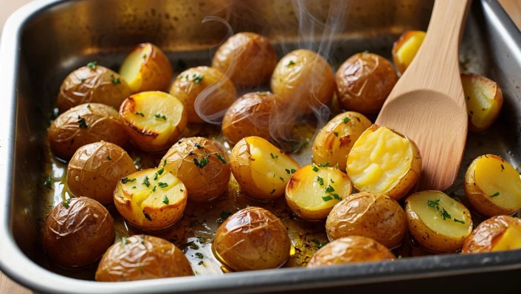 Pommes de Terre au Four et leurs Herbes de Provence 3 pomme de terreau four dorées et croustillantes, servies dans une assiette blanche avec une texture fondante à l’intérieur. Les pommes de terre sont parsemées d’herbes de Provence fraîches et accompagnées d’une cuillerée de crème fraîche épaisse sur le dessus. En arrière-plan, une planche en bois avec des ingrédients comme du romarin, de l’huile d’olive et du gros sel ajoute une touche rustique et invitante