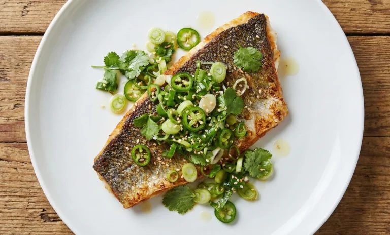 Bar de mer poêlé avec relish de scallions et piment