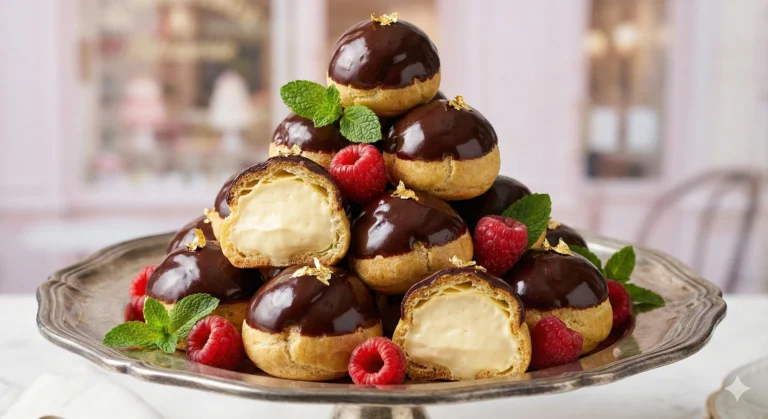 Choux fourrés à la crème anglaise et nappés de chocolat