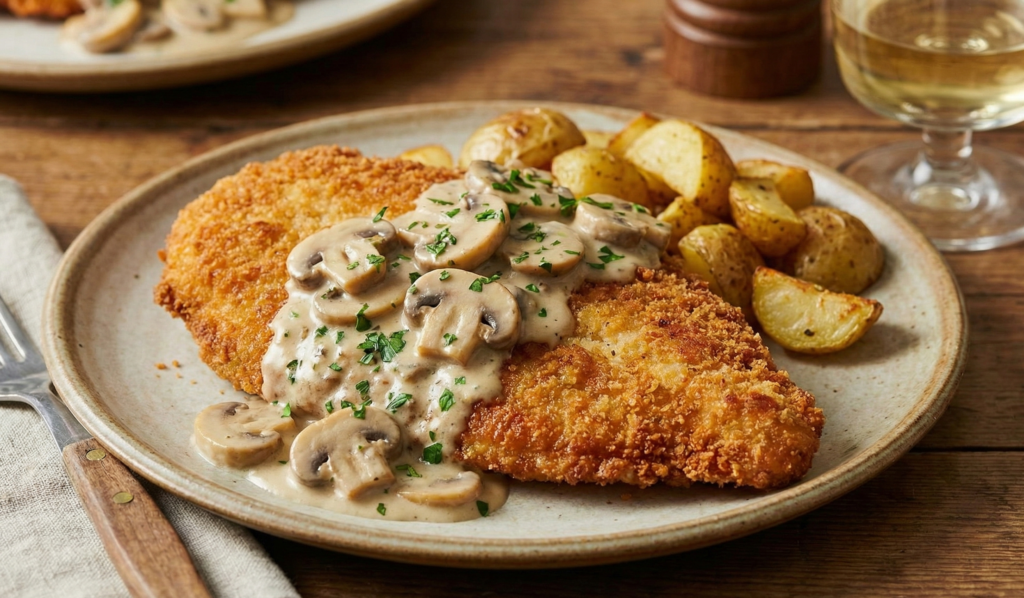 Escalope milanaise à la crème de champignons