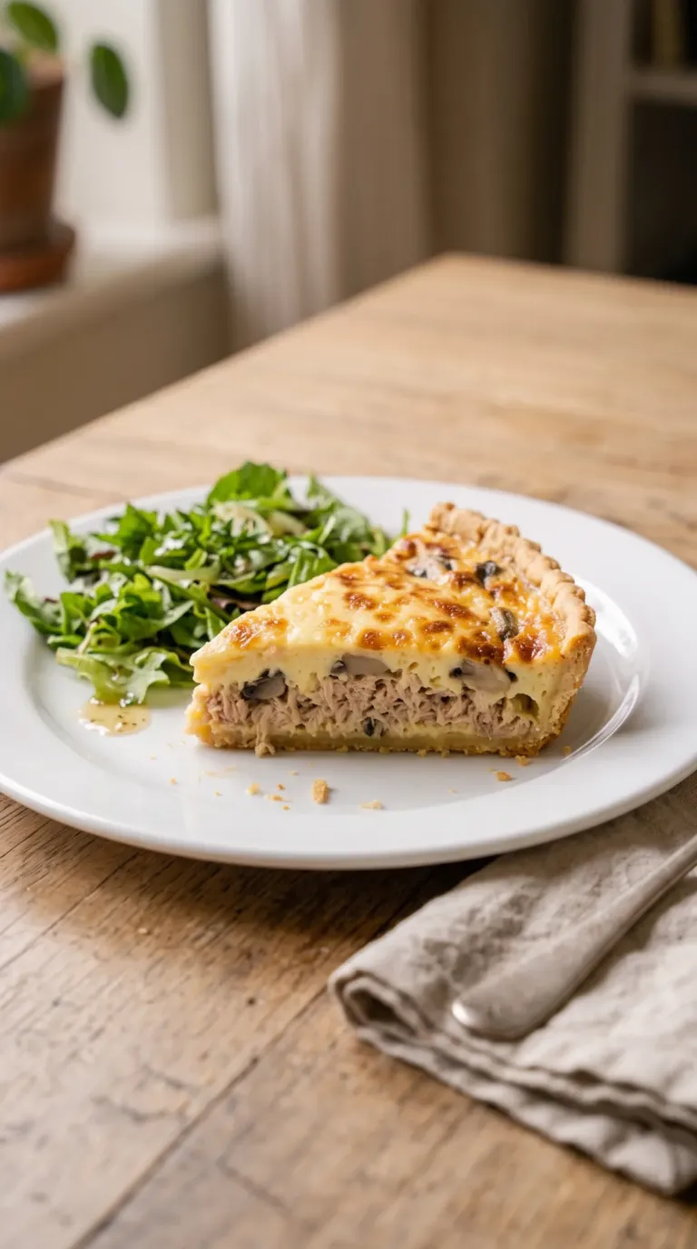 Part de quiche au thon sur assiette blanche avec salade verte vinaigrée et fourchette sur serviette en lin