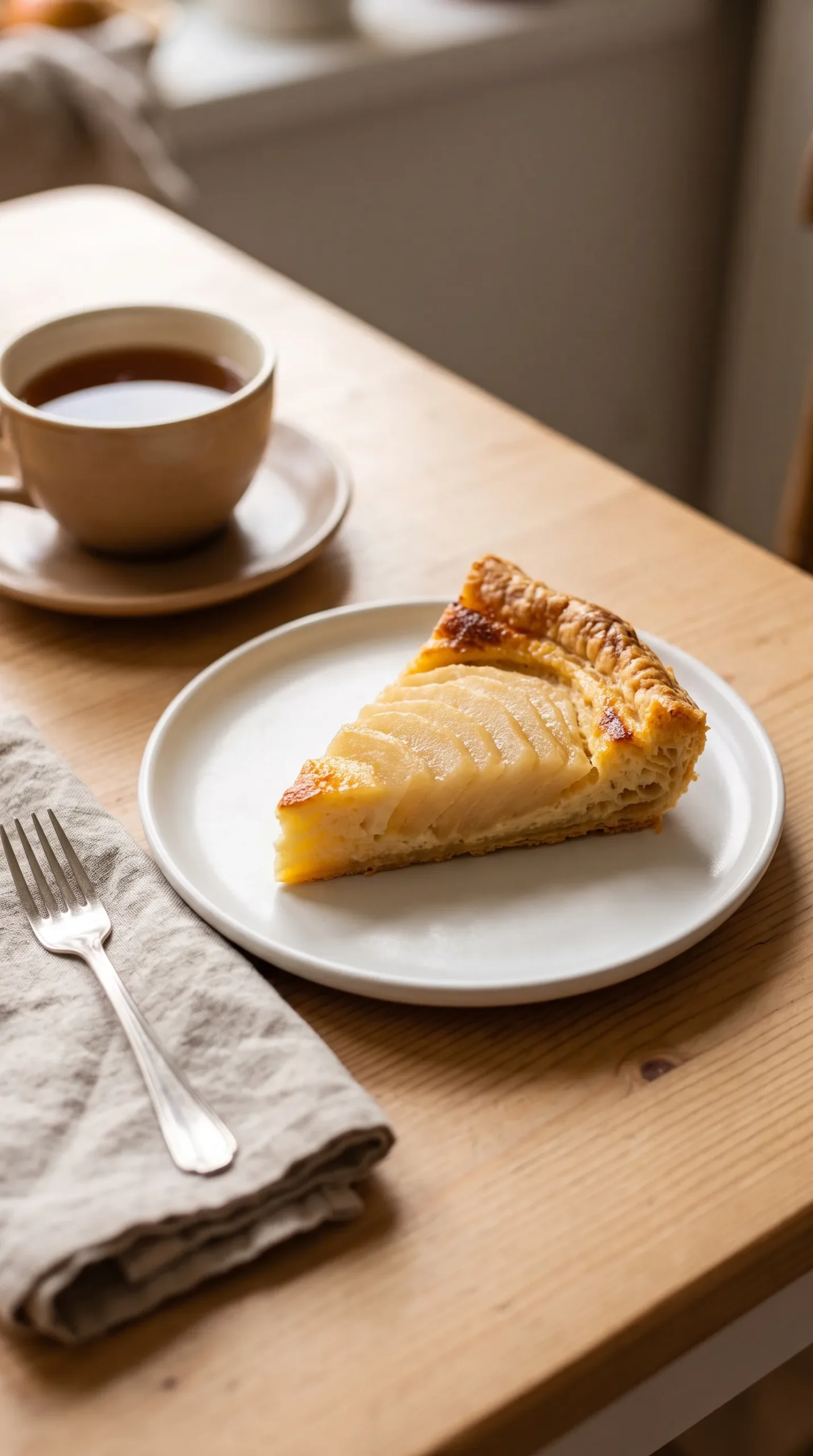 Part de tarte aux poires fraîches sur une assiette blanche, avec fourchette à dessert, serviette en lin et tasse de thé