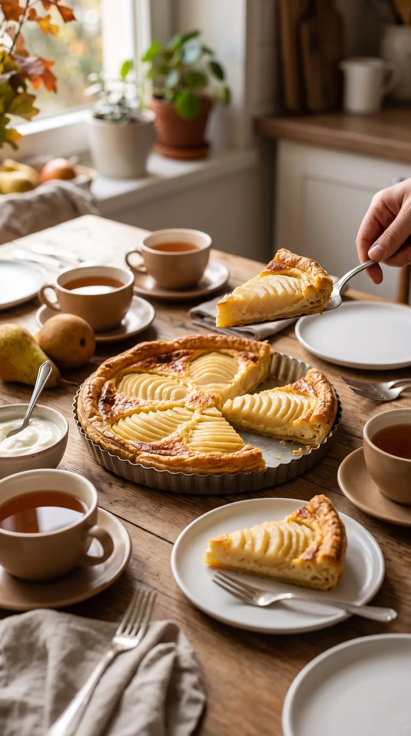 Tarte aux poires fraîches sur une table de goûter avec thé, crème fraîche, poires entières et assiettes à dessert