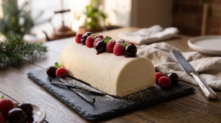 Bûche glacée vanille décorée de framboises et de cerises amarena, posée sur un plat de service ardoise