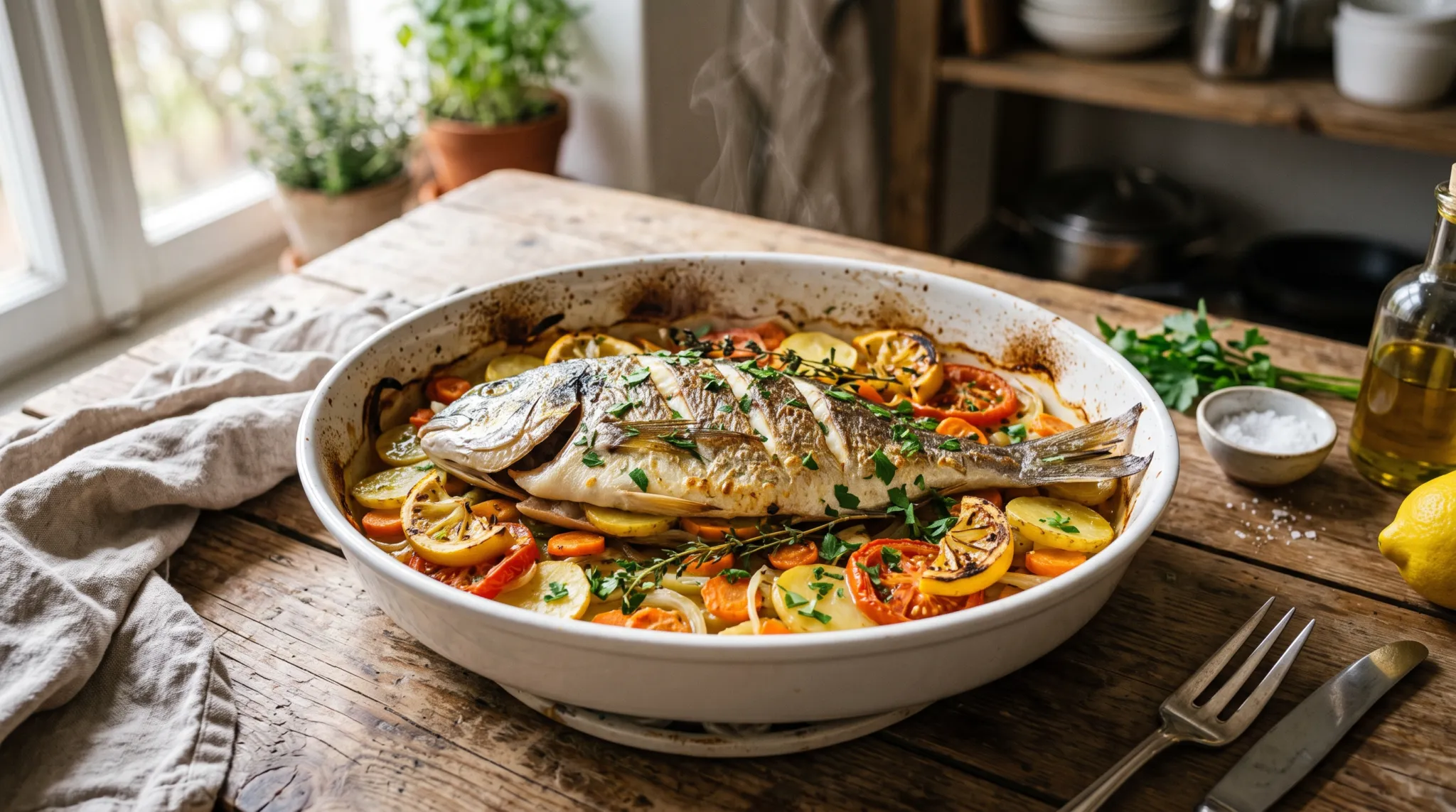 Dorade au four entière posée sur un lit de pommes de terre, carottes, oignons et tomates dans un plat blanc