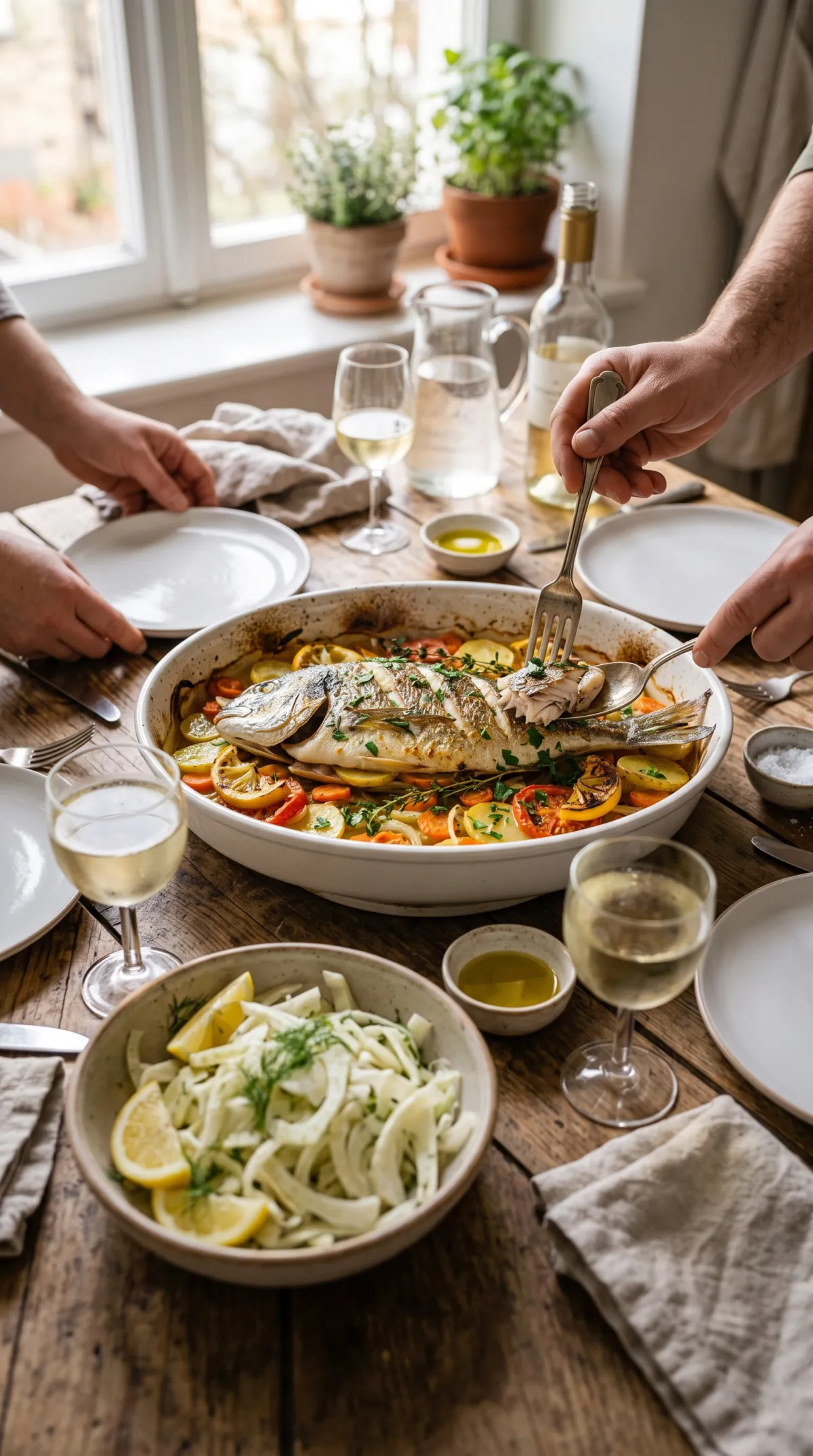 Table dressée avec une dorade au four, une salade de fenouil, des verres de vin blanc et des assiettes