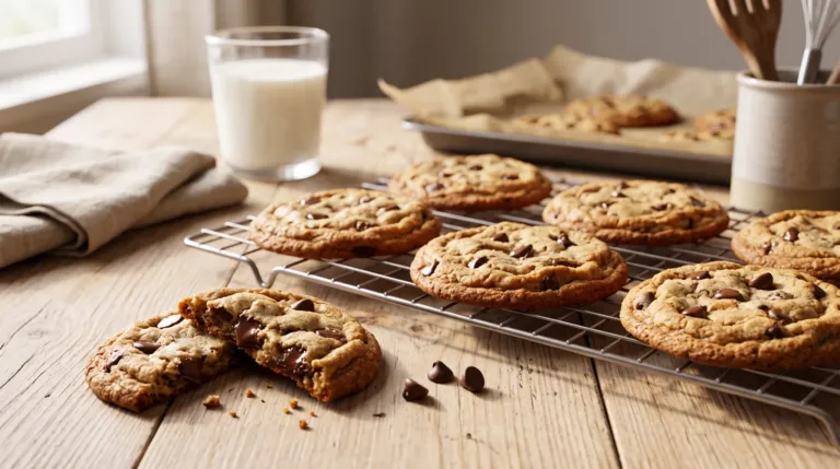 Biscuits aux pépites de chocolat sur une grille, bords dorés et chocolat fondu, un biscuit coupé en deux