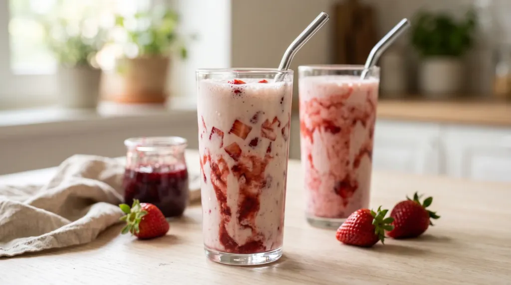 Milkshake vegan aux fraises dans deux verres hauts, traînées de compotée rouge dans le lait végétal clair