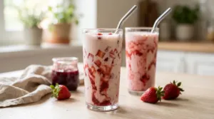 Milkshake vegan aux fraises, compotée maison et lait d&rsquo;amande