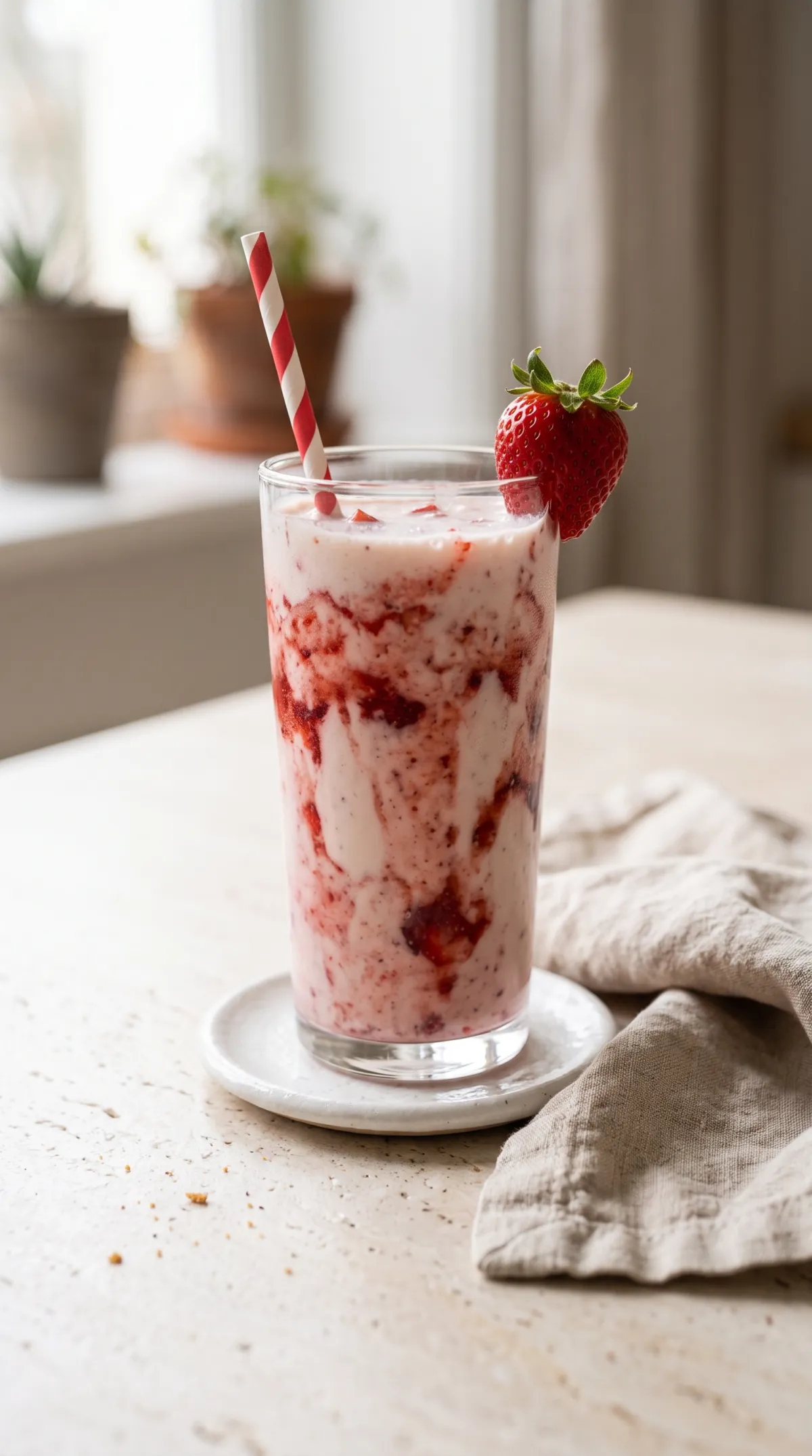 Verre de milkshake vegan aux fraises avec paille, fraise sur le bord et serviette en lin sur fond pierre clair