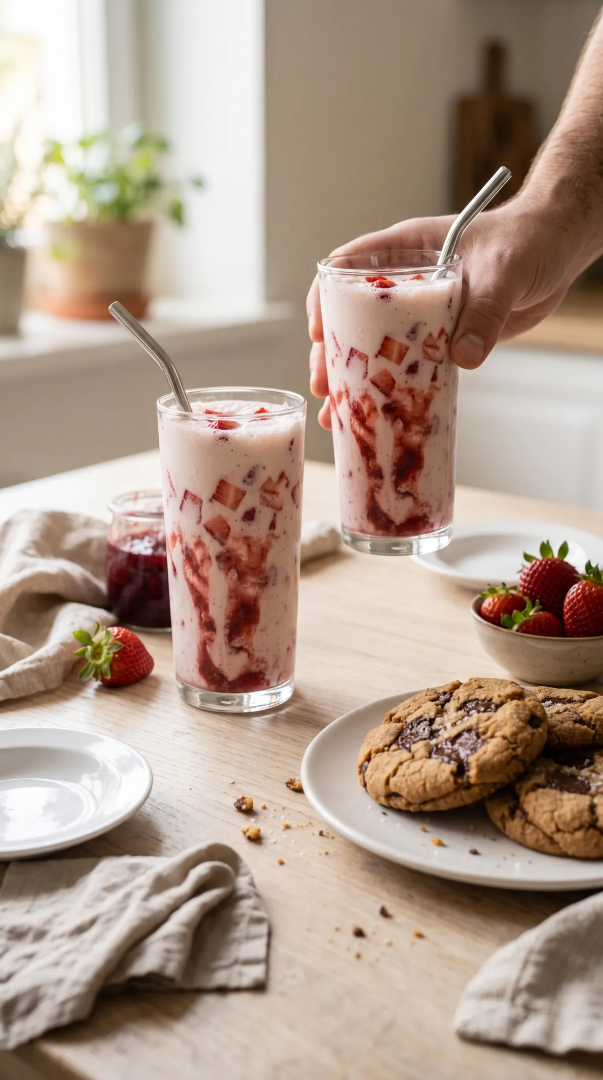 Milkshake vegan aux fraises sur une table avec cookies aux pépites de chocolat, fraises fraîches et serviettes