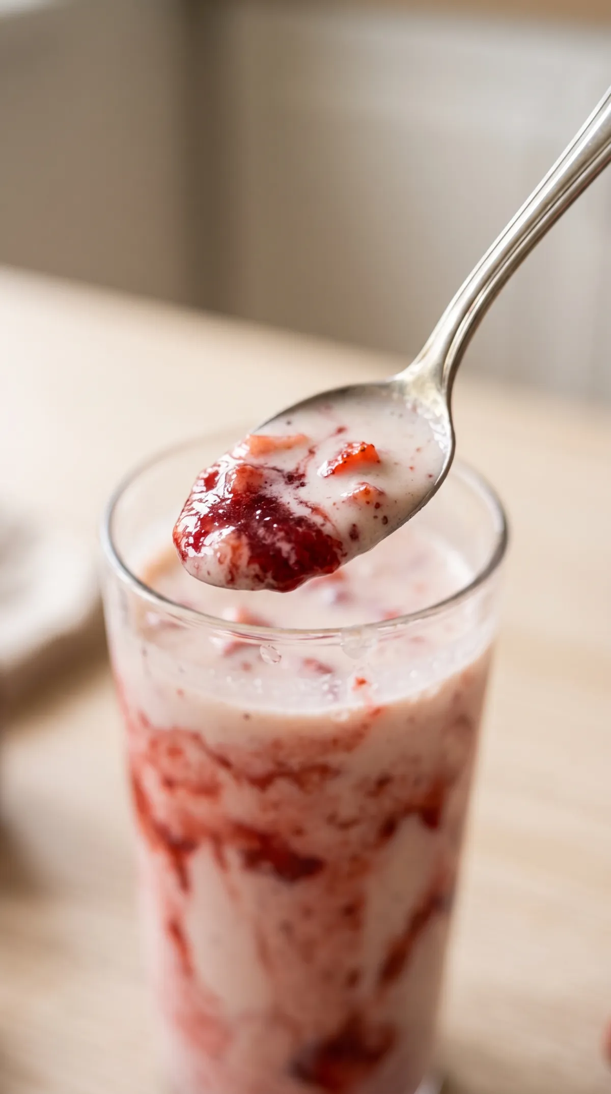 Cuillère longue soulevant du milkshake vegan aux fraises, lait clair, compotée rouge et petits dés de fraise