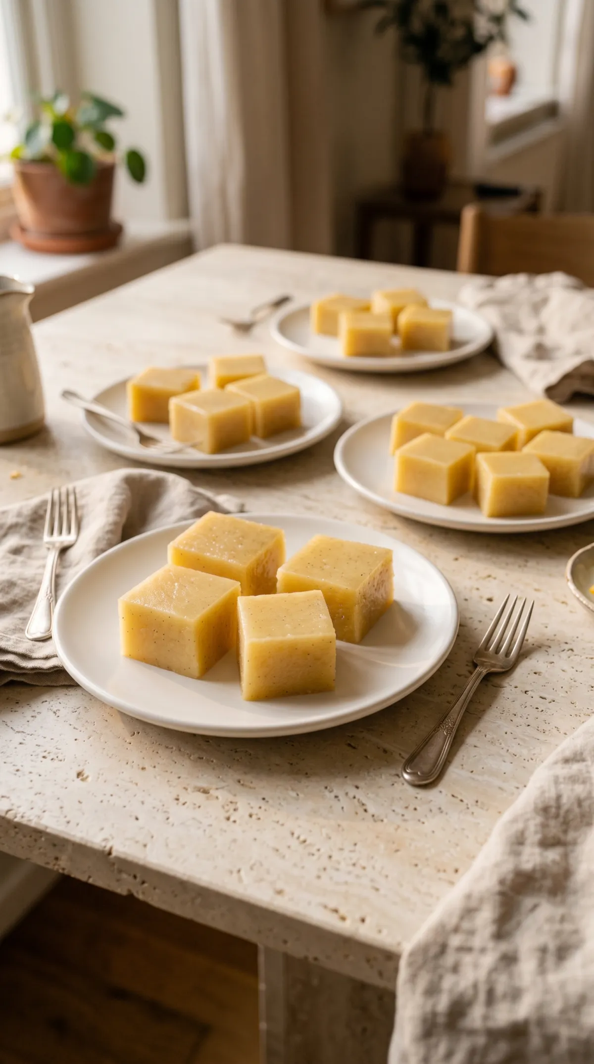 Pâtes de fruits sans sucre ajouté disposées en carrés sur quatre petites assiettes blanches, prêtes à servir.