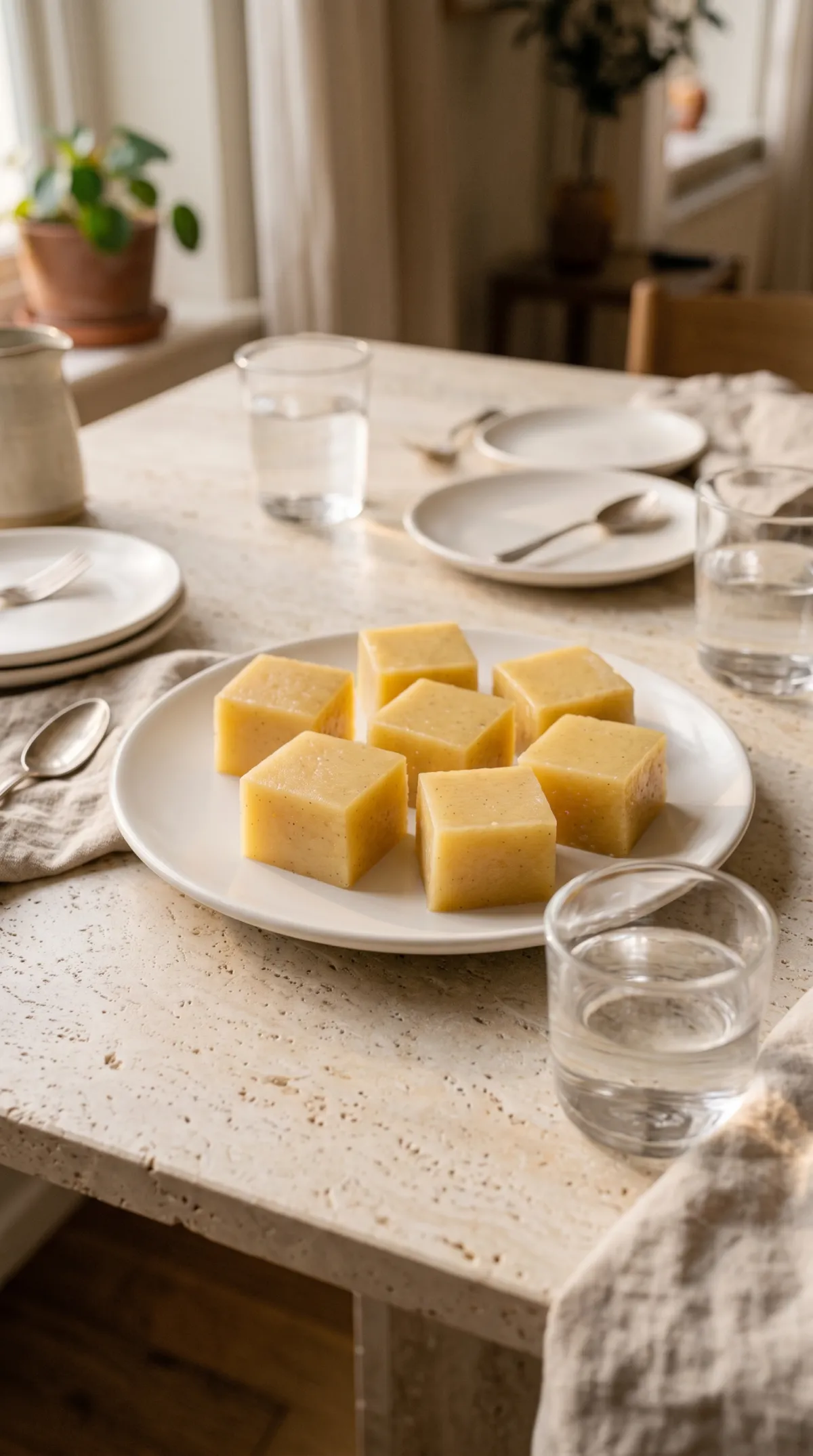 Pâtes de fruits sans sucre ajouté au centre d’une table, avec deux verres d’eau et des serviettes en lin.