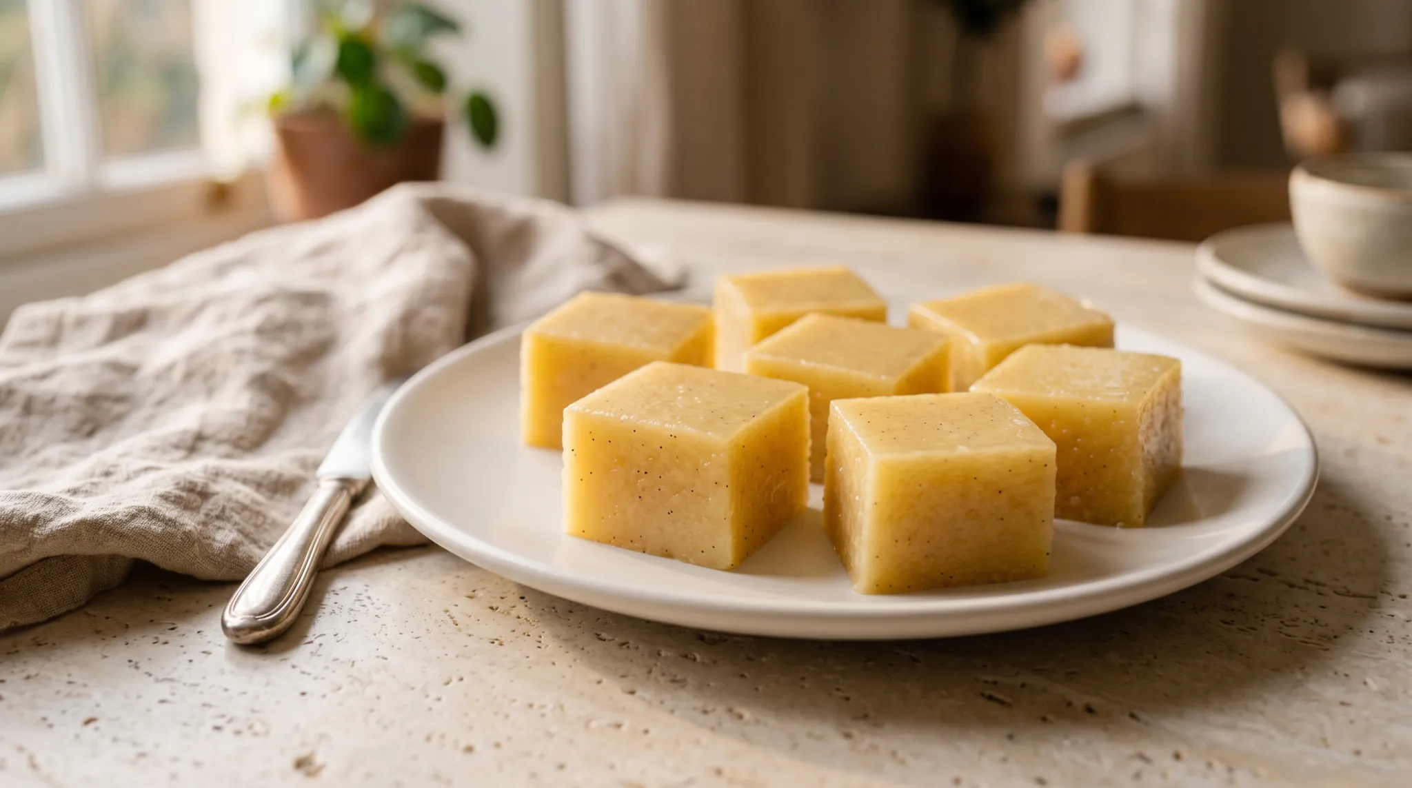 Pâtes de fruits sans sucre ajouté en carrés jaune pâle, à la poire et à la vanille, sur une assiette blanche.