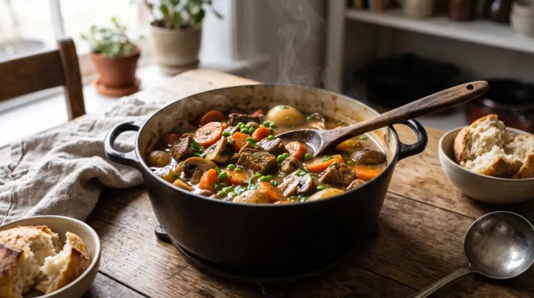 Ragout de Bœuf mijoté en cocotte avec carottes, champignons, pommes de terre et petits pois