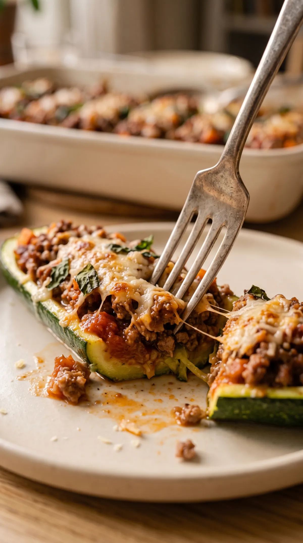 Une fourchette coupe une courgette farcie à la bolognaise et révèle sa farce de bœuf à la tomate