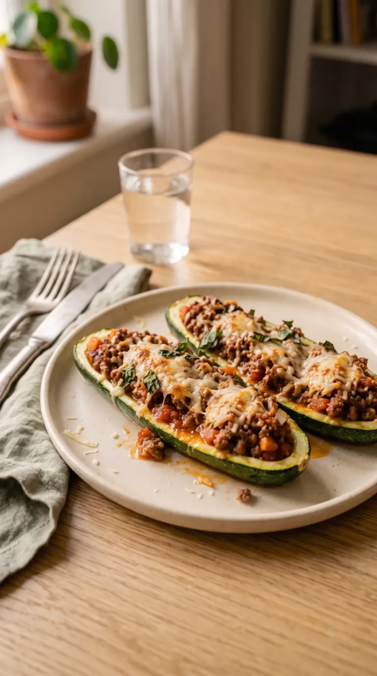 Courgettes farcies à la bolognaise servies par deux sur une assiette, gratinées et garnies de basilic