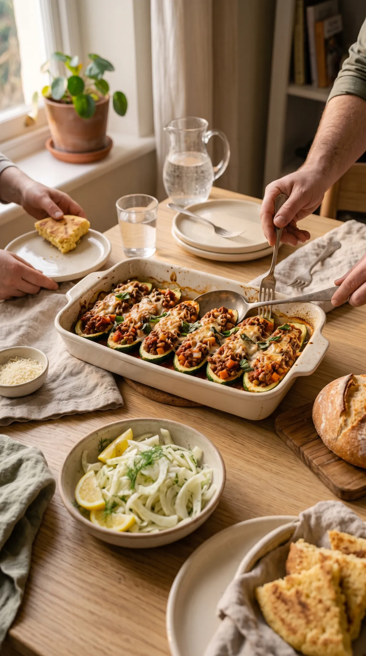 Courgettes farcies à la bolognaise au centre d'une table avec salade verte, kesra et verres d'eau