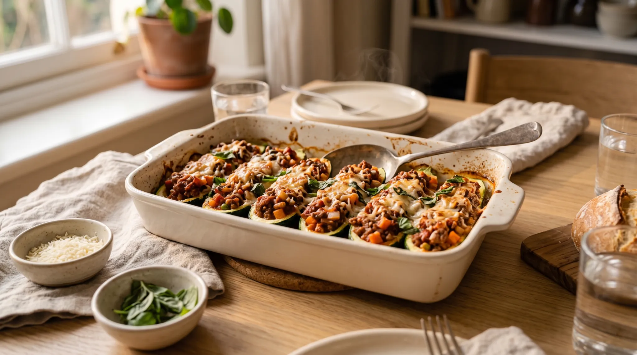 Recette Courgettes farcies à la bolognaise gratinées au parmesan dans un plat, avec basilic frais