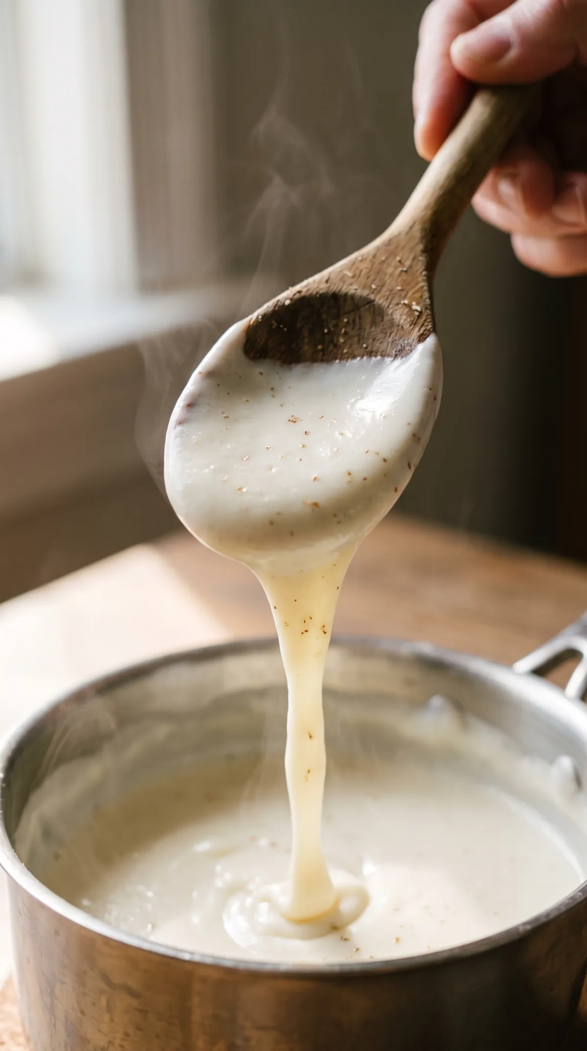 Cuillère en bois nappée de béchamel épaisse et lisse, avec un ruban de sauce qui retombe dans la casserole