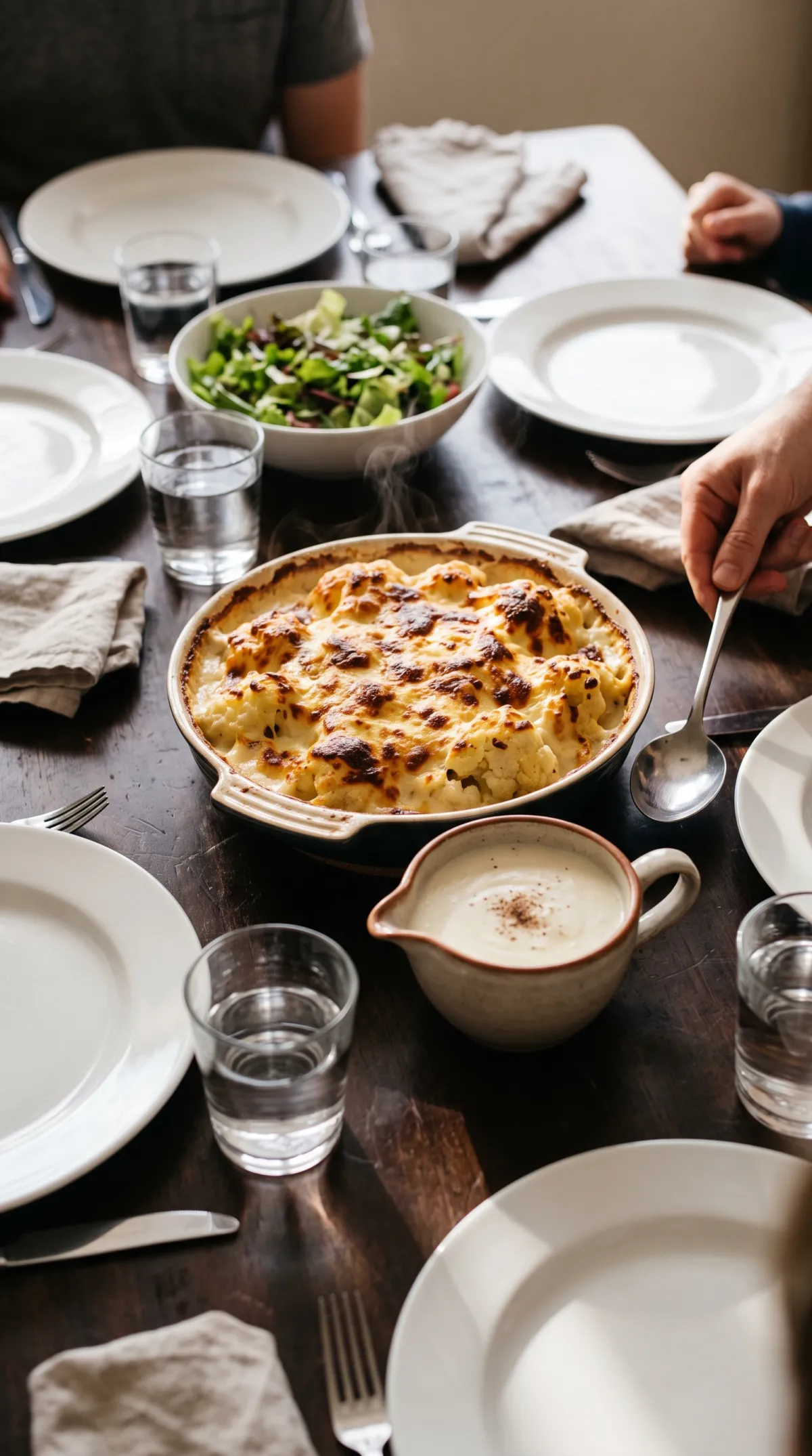 Table de déjeuner avec un gratin de chou-fleur à la béchamel dorée, une saucière, une salade verte et des assiettes blanches